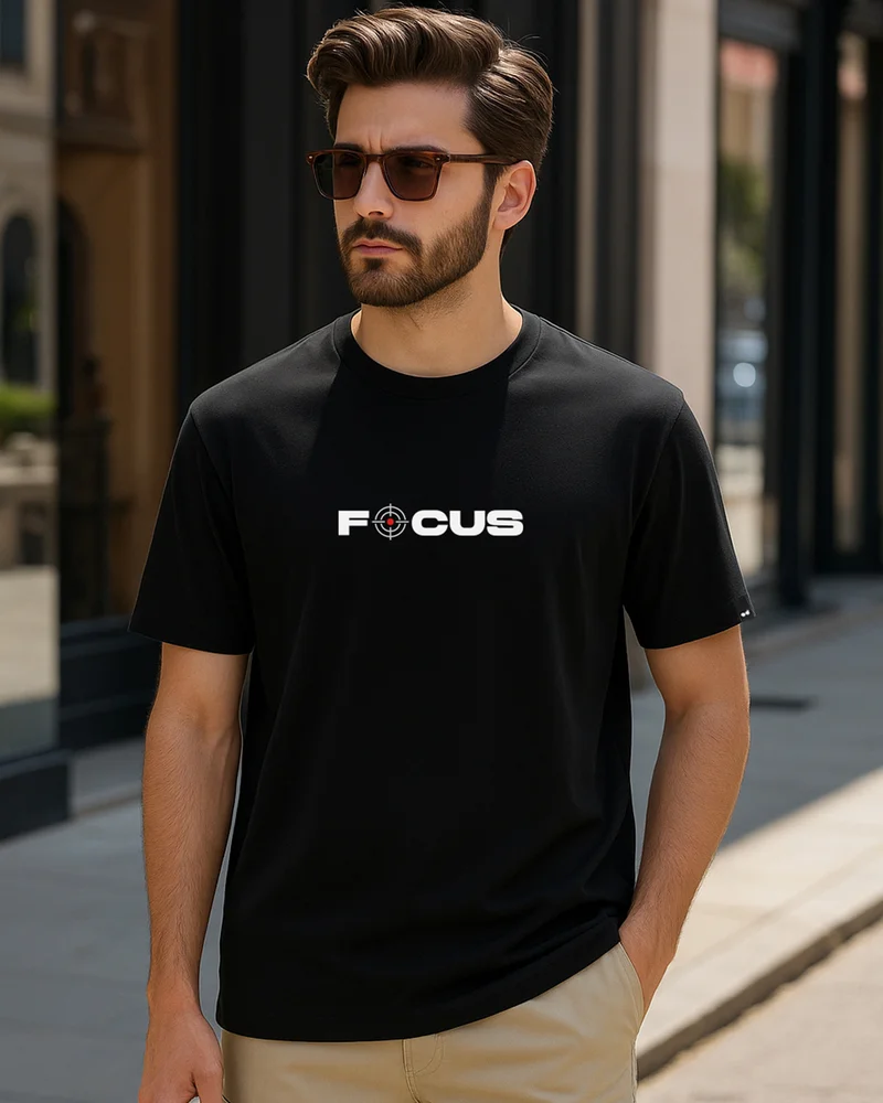 بيواكوف Men's Jet Black Focus Typography T-shirt